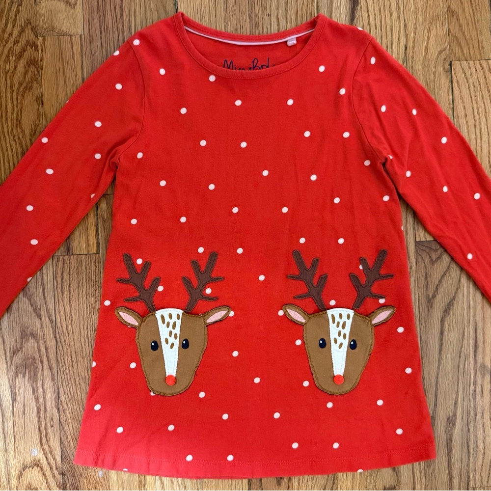 Mini Boden Festive Red Reindeer Long Sleeve Tunic